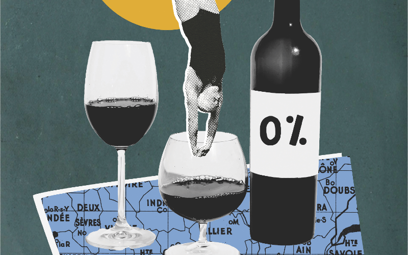 Illustrazione calice di vino e bottiglia di vino dealcolato. No-low alcol, trend analcolici