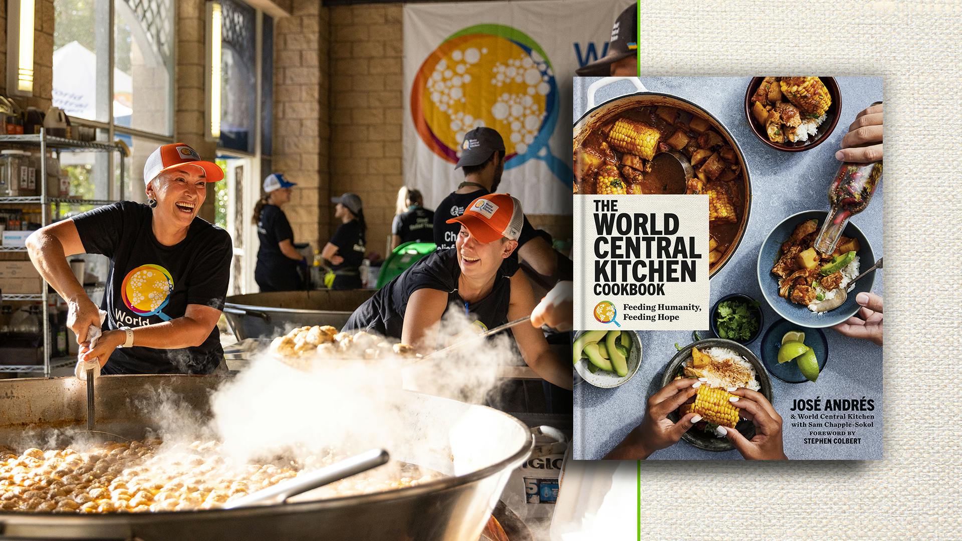 The World Central Kitchen Cookbook, di José Andrés e alcuni volontari che cucinano